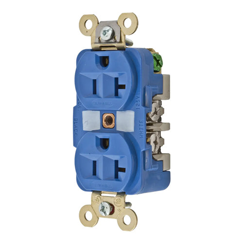 Hubbell HBL5362BL, Extra Heavy Duty Max Industrial Grade Duplex Receptacles, Finder Groove Face, Back and Side Wired, 20A 125V, 5-20R, 2-Pole 3-Wire Grounding, Blue