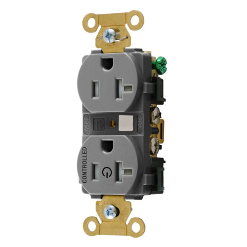 Hubbell HBL5362C1GRYTR, Permanently Marked Extra Heavy Duty Standard Duplex Receptacles, Tamper Resistant, One Controlled Face, Split Circuit, 20A 125V, 5-20R, 2-Pole 3-Wire Grounding, Gray