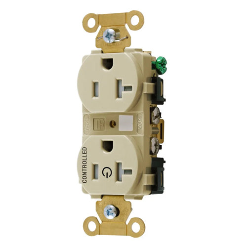 Hubbell HBL5362C1ITR, Permanently Marked Extra Heavy Duty Standard Duplex Receptacles, Tamper Resistant, One Controlled Face, Split Circuit, 20A 125V, 5-20R, 2-Pole 3-Wire Grounding, Ivory