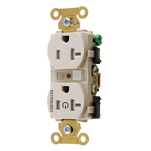 Hubbell HBL5362C1LATR, Permanently Marked Extra Heavy Duty Standard Duplex Receptacles, Tamper Resistant, One Controlled Face, Split Circuit, 20A 125V, 5-20R, 2-Pole 3-Wire Grounding, Light Almond