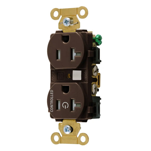 Hubbell HBL5362C1TR, Permanently Marked Extra Heavy Duty Standard Duplex Receptacles, Tamper Resistant, One Controlled Face, Split Circuit, 20A 125V, 5-20R, 2-Pole 3-Wire Grounding, Brown