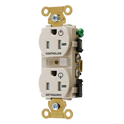 Hubbell HBL5362C2LATR, Permanently Marked Extra Heavy Duty Standard Duplex Receptacles, Tamper Resistant, Two Controlled Faces, 20A 125V, 5-20R, 2-Pole 3-Wire Grounding, Light Almond
