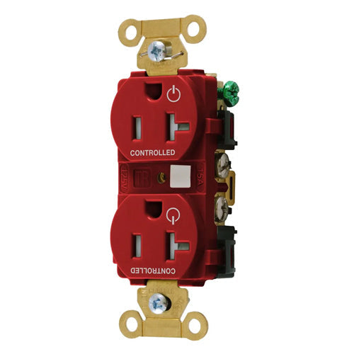 Hubbell HBL5362C2RTR, Permanently Marked Extra Heavy Duty Standard Duplex Receptacles, Tamper Resistant, Two Controlled Faces, 20A 125V, 5-20R, 2-Pole 3-Wire Grounding, Red