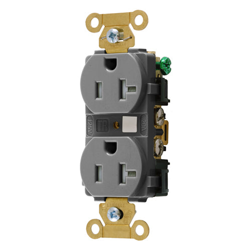 Hubbell HBL5362GYTR, Extra Heavy Duty Max Industrial Grade Duplex Receptacles, Tamper Resistant, Back and Side Wired, 20A 125V, 5-20R, 2-Pole 3-Wire Grounding, Gray