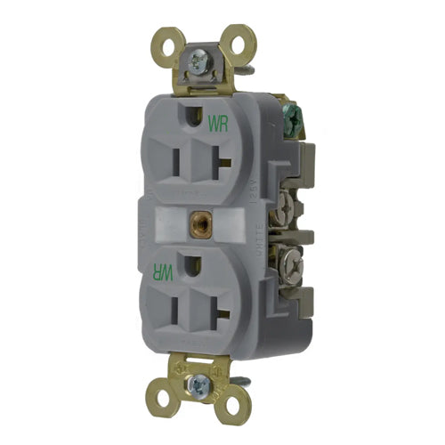 Hubbell HBL5362GYWR, Extra Heavy Duty Max Industrial Grade Duplex Receptacles, Weather Resistant, Finder Groove Face, 20A 125V, 5-20R, 2-Pole 3-Wire Grounding, Gray