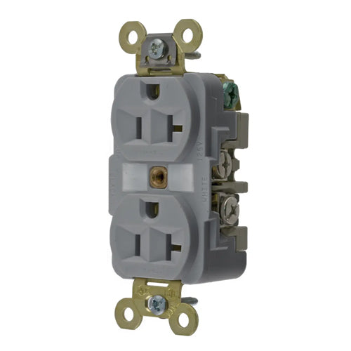 Hubbell HBL5362GY, Extra Heavy Duty Max Industrial Grade Duplex Receptacles, Finder Groove Face, Back and Side Wired, 20A 125V, 5-20R, 2-Pole 3-Wire Grounding, Gray