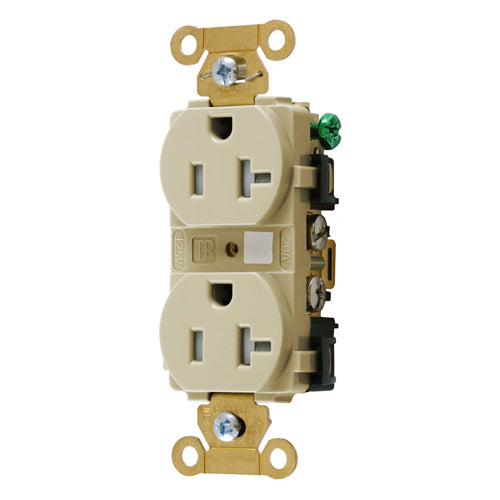 Hubbell HBL5362ITR, Extra Heavy Duty Max Industrial Grade Duplex Receptacles, Tamper Resistant, Back and Side Wired, 20A 125V, 5-20R, 2-Pole 3-Wire Grounding, Ivory