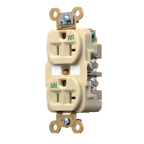 Hubbell HBL5362IWR, Extra Heavy Duty Max Industrial Grade Duplex Receptacles, Weather Resistant, Finder Groove Face, 20A 125V, 5-20R, 2-Pole 3-Wire Grounding, Ivory