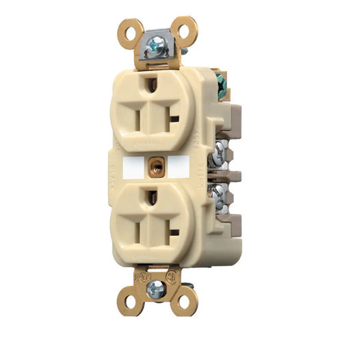 Hubbell HBL5362I, Extra Heavy Duty Max Industrial Grade Duplex Receptacles, Finder Groove Face, Back and Side Wired, 20A 125V, 5-20R, 2-Pole 3-Wire Grounding, Ivory