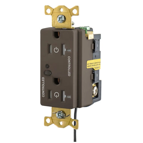 Hubbell HBL5362LC2, Logic Load Control Wired Switched Duplex Receptacles, Fully Controlled, 20A 125V, 5-20R, 2-Pole 3-Wire Grounding, Brown