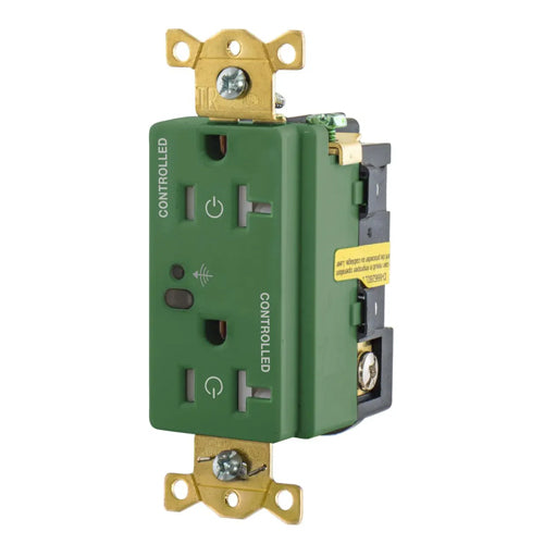 Hubbell HBL5362RFC2GN, Logic Load Control Wireless Switched Duplex Receptacles, Fully Controlled, 20A 125V, 5-20R, 2-Pole 3-Wire Grounding, Green