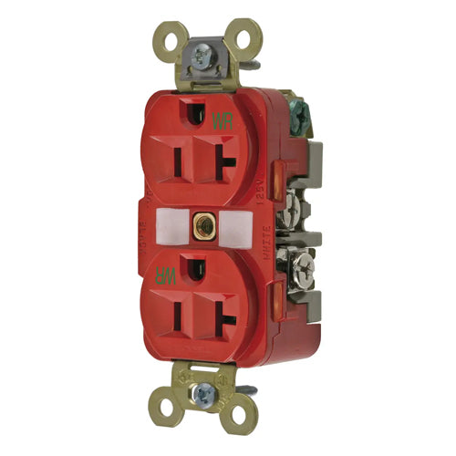 Hubbell HBL5362RWR, Extra Heavy Duty Max Industrial Grade Duplex Receptacles, Weather Resistant, Finder Groove Face, 20A 125V, 5-20R, 2-Pole 3-Wire Grounding, Red