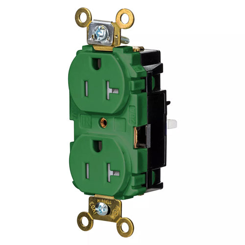 Hubbell HBL5362STGNTR, EdgeConnect Extra Heavy Duty Max Duplex Receptacles, Tamper Resistant, Screwless Terminal, Back Wired, 20A 125V, 5-20R, 2-Pole 3-Wire Grounding, Green