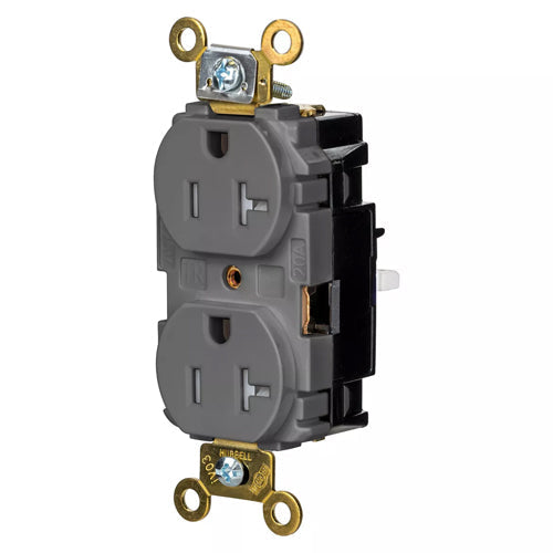 Hubbell HBL5362STGYTR, EdgeConnect Extra Heavy Duty Max Duplex Receptacles, Tamper Resistant, Screwless Terminal, Back Wired, 20A 125V, 5-20R, 2-Pole 3-Wire Grounding, Gray