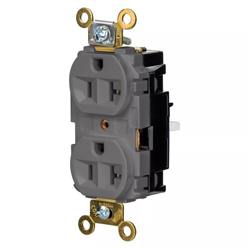 Hubbell HBL5362STGY, EdgeConnect Extra Heavy Duty Max Duplex Receptacles, Screwless Terminal, Back Wired, 20A 125V, 5-20R, 2-Pole 3-Wire Grounding, Gray