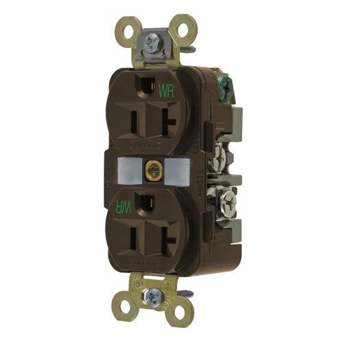 Hubbell HBL5362WR, Extra Heavy Duty Max Industrial Grade Duplex Receptacles, Weather Resistant, Finder Groove Face, 20A 125V, 5-20R, 2-Pole 3-Wire Grounding, Brown