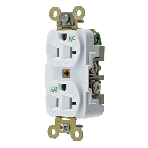 Hubbell HBL5362WWR, Extra Heavy Duty Max Industrial Grade Duplex Receptacles, Weather Resistant, Finder Groove Face, 20A 125V, 5-20R, 2-Pole 3-Wire Grounding, White