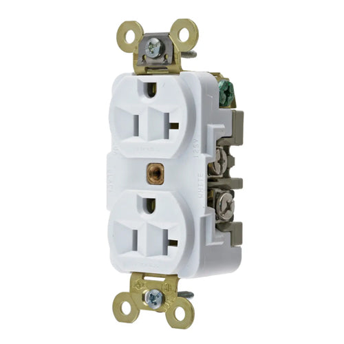 Hubbell HBL5362W, Extra Heavy Duty Max Industrial Grade Duplex Receptacles, Finder Groove Face, Back and Side Wired, 20A 125V, 5-20R, 2-Pole 3-Wire Grounding, White