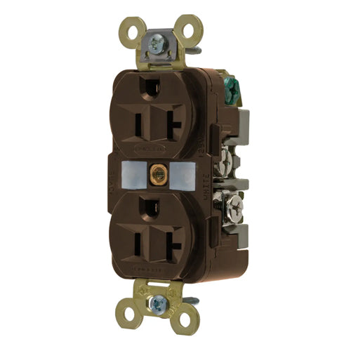 Hubbell HBL5362, Extra Heavy Duty Max Industrial Grade Duplex Receptacles, Finder Groove Face, Back and Side Wired, 20A 125V, 5-20R, 2-Pole 3-Wire Grounding, Brown