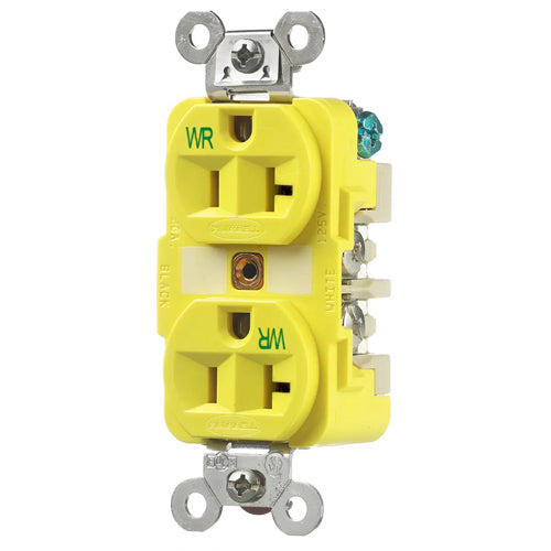 Hubbell HBL53CM62, Extra Heavy Duty Max Duplex Receptacles, Corrosion Resistant, Finder Groove Face, Back and Side Wired, 20A 125V, 5-20R, 2-Pole 3-Wire Grounding, Yellow