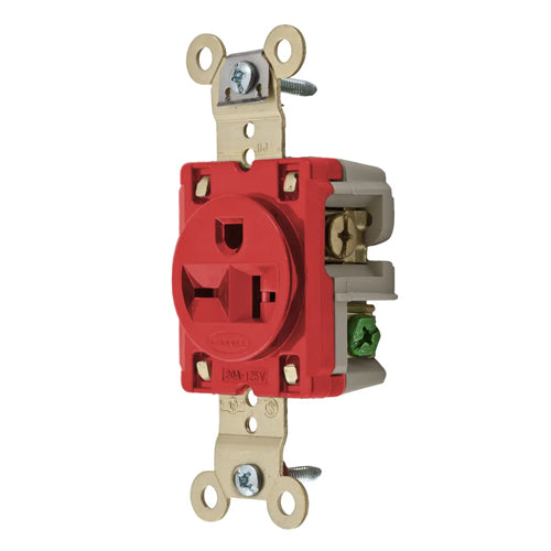 Hubbell HBL5461R, Extra Heavy Duty Max Single Flush Receptacles, Nylon Face, Back and Side Wired, 20A 250V, 6-20R, 2-Pole 3-Wire Grounding, Red