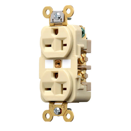 Hubbell HBL5462I, Extra Heavy Duty Max Duplex Receptacles, Nylon Face, Back and Side Wired, 20A 250V, 6-20R, 2-Pole 3-Wire Grounding, Ivory