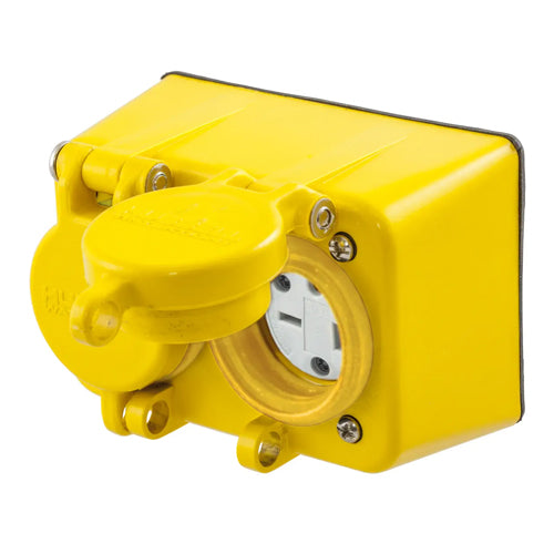 Hubbell HBL60W48D, Watertight Straight Blade Duplex Receptacle with Lift Cover, 20A 250V, 6-20R, 2-Pole 3-Wire Grounding, Yellow