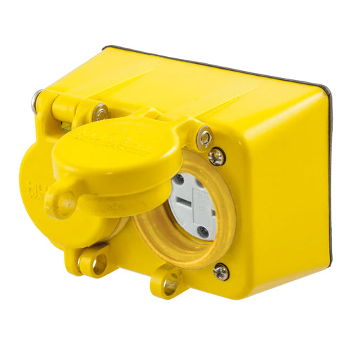 Hubbell HBL60W49D, Watertight Straight Blade Duplex Receptacle with Lift Cover, 15A 250V, 6-15R, 2-Pole 3-Wire Grounding, Yellow