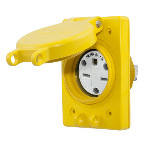 Hubbell HBL60W49, Watertight Straight Blade Single Receptacle with Lift Cover, 15A 250V, 6-15R, 2-Pole 3-Wire Grounding, Yellow