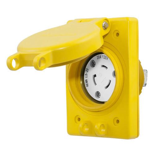 Hubbell HBL67W47, Watertight Twist-Lock Receptacle with Lift Cover, 20A 125V, L5-20R, 2-Pole 3-Wire Grounding, Yellow