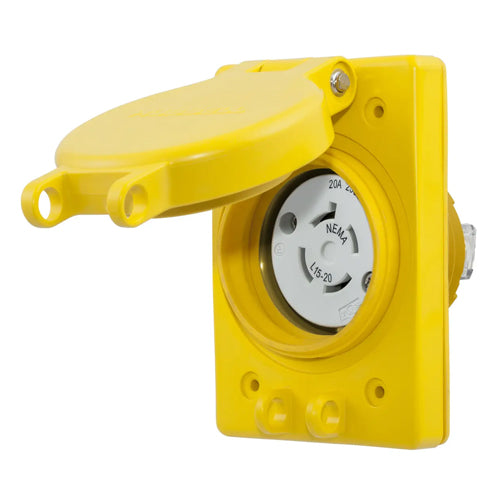 Hubbell HBL67W75, Watertight Twist-Lock Receptacle with Lift Cover, 20A 250V, L15-20R, 3-Phase, 3-Pole 4-Wire Grounding, Yellow