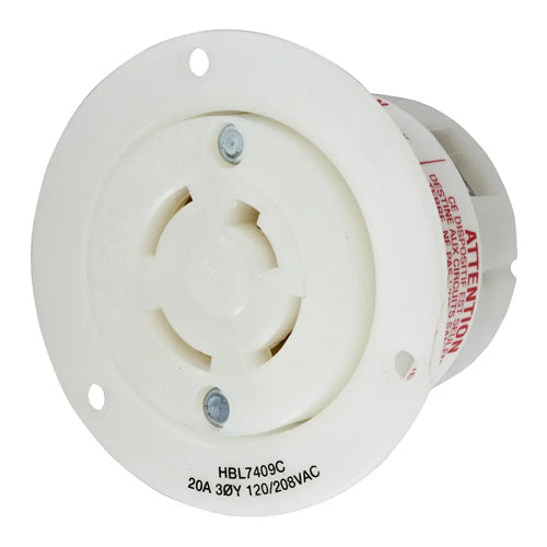 Hubbell HBL7409C, Insulgrip Flanged Receptacle, Nylon Casing, Back Wired, 20A 120/208V, 3 Phase, 4-Pole 4-Wire Non-Grounding