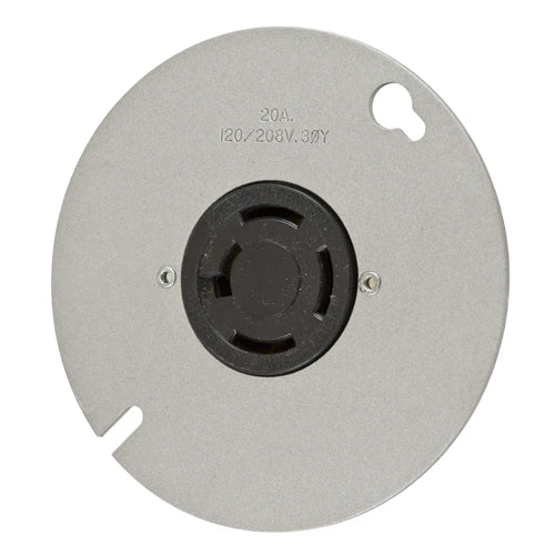 Hubbell HBL7417B, Single Flush Receptacle, Mounted on a 4" (101.6) Round Metal Cover, 20A 120/208V, 3 Phase, 4-Pole 4-Wire Non-Grounding