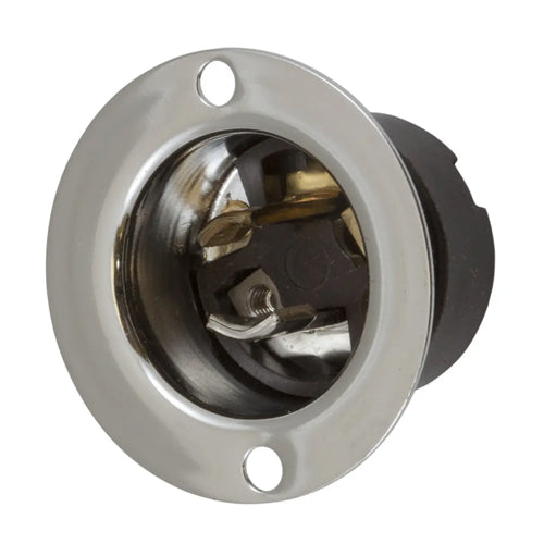 Hubbell HBL7467, Midget Flanged Inlets, Stainless Steel Flange, Polarized, Exposed Terminals, 15A 125V, ML-1P, 2-Pole 2-Wire Non-Grounding