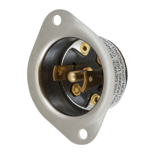 Hubbell HBL7486, Midget Flanged Inlet, Exposed Terminals, Stainless Steel Flange, 15A 125/250V, ML-3P, 3-Pole 3-Wire Non-Grounding