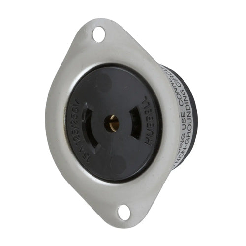 Hubbell HBL7487, Midget Flanged Receptacles, Exposed Terminals, Stainless Steel Flange, 15A 125/250V, ML-3R, 3-Pole 3-Wire Non Grounding