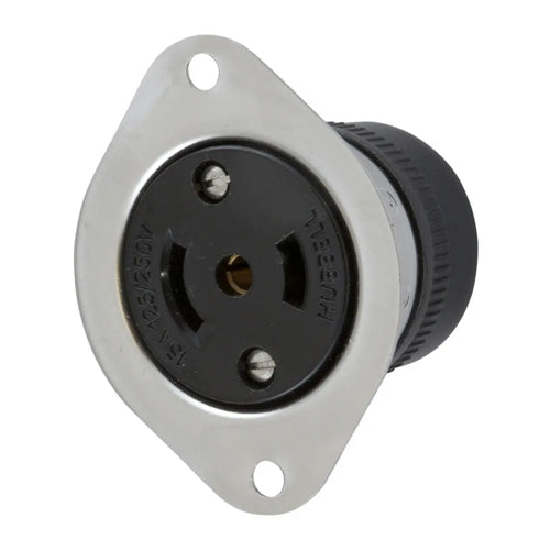 Hubbell HBL7489, Midget Flanged Receptacle, Covered Terminals, Stainless Steel Flange, Accepts Cord 0.500" (12.7) in Diameter, 15A 125/250V, ML-3R, 3-Pole 3-Wire Non Grounding