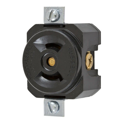 Hubbell HBL7498, Insulgrip Receptacles, Single, Panel Mount, 1¹⁵⁄16" (49.2) Centers, Black Phenolic, 15A 125V, L1-15R, 2-Pole 2-Wire Non-Grounding