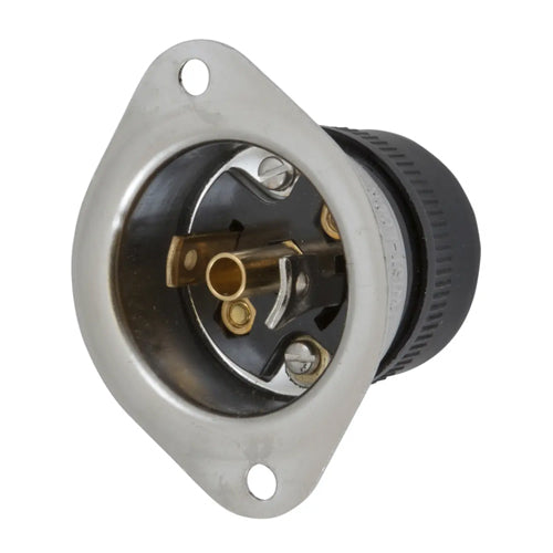 Hubbell HBL7551, Midget Flanged Inlet, Covered Terminals, Stainless Steel Flange, Accepts Cord 0.500" (12.7) in Diameter, 15A 125V, ML-2P, 2-Pole 3-Wire Grounding
