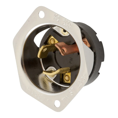 Hubbell HBL7556, Stainless Steel Flanged Inlets, Brown Phenolic, 10A 250V/15A 125V, 3-Pole 3-Wire Non-Grounding