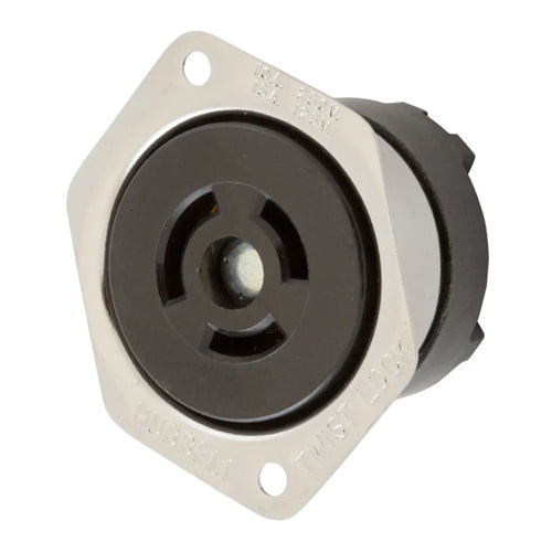 Hubbell HBL7557, Stainless Steel Flanged Receptacles, Brown Phenolic, 10A 250V/15A 125V, 3-Pole 3-Wire Non-Grounding