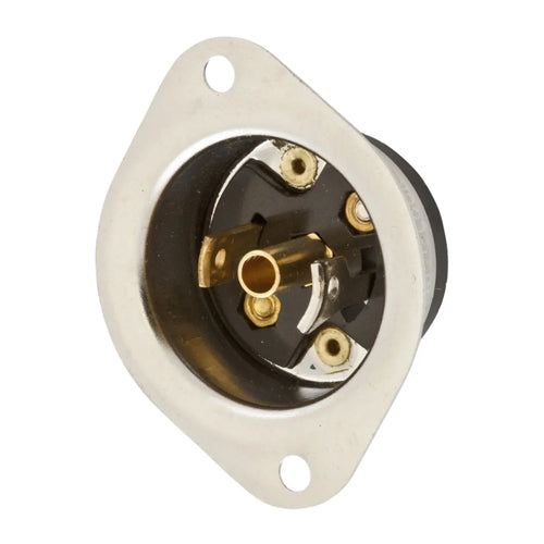 Hubbell HBL7595, Midget Flanged Inlets, Exposed Terminals, Stainless Steel Flange, 15A 125V, ML-2P, 2-Pole 3-Wire Grounding