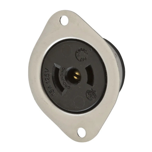 Hubbell HBL7596, Midget Flanged Receptacles, Exposed Terminals, Stainless Steel Flange, 15A 125V, ML-2R, 2-Pole 3-Wire Grounding