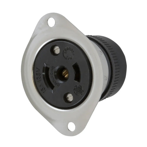 Hubbell HBL7598, Midget Flanged Receptacle, Covered Terminals, Stainless Steel Flange, Accepts Cord 0.500" (12.7) in Diameter, 15A 125V, ML-2R, 2-Pole 3-Wire Grounding