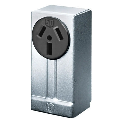 Hubbell HBL7940, Single Receptacle, Aluminum Housing, Surface Mounted, 50A 125/250V, 10-50R, 3-Pole 3-Wire Non-Grounding, Black