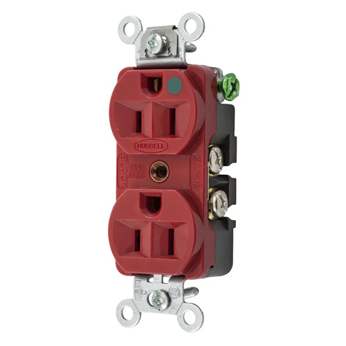 Hubbell HBL8200HRED, Extra Heavy Duty Max Receptacles, Duplex, Compact Hospital Grade, Thermoplastic Polyester Face, 15A 125V, 5-15R, 2-Pole 3-Wire Grounding, Red