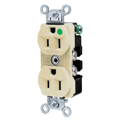 Hubbell HBL8200ILI, Extra Heavy Duty Max Receptacles, Duplex, Hospital Grade, LED Illuminated Face, Back and Side Wired, 15A 125V, 5-15R, 2-Pole 3-Wire Grounding, Ivory