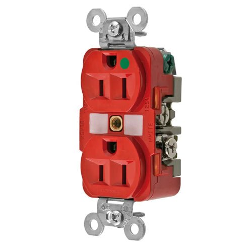 Hubbell HBL8200RED, Extra Heavy Duty Max Receptacles, Duplex, Hospital Grade, Thermoplastic Polyester Face, Back and Side Wired, 15A, 125V, 5-15R, 2-Pole 3-Wire Grounding, Red