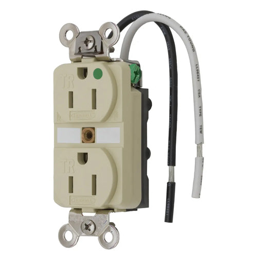 Hubbell HBL8200SGIA, Extra Heavy Duty Max Receptacles, Duplex, Tamper Resistant Hospital Grade with Wire Leads, 15A 125V, 5-15R, 2-Pole 3-Wire Grounding, Ivory