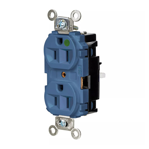 Hubbell HBL8200STBL, EdgeConnect Extra Heavy Duty Max Duplex Receptacles, Hospital Grade, Finder Groove Face, Spring Termination, 15A 125V, 5-15R, 2-Pole 3-Wire Grounding, Blue